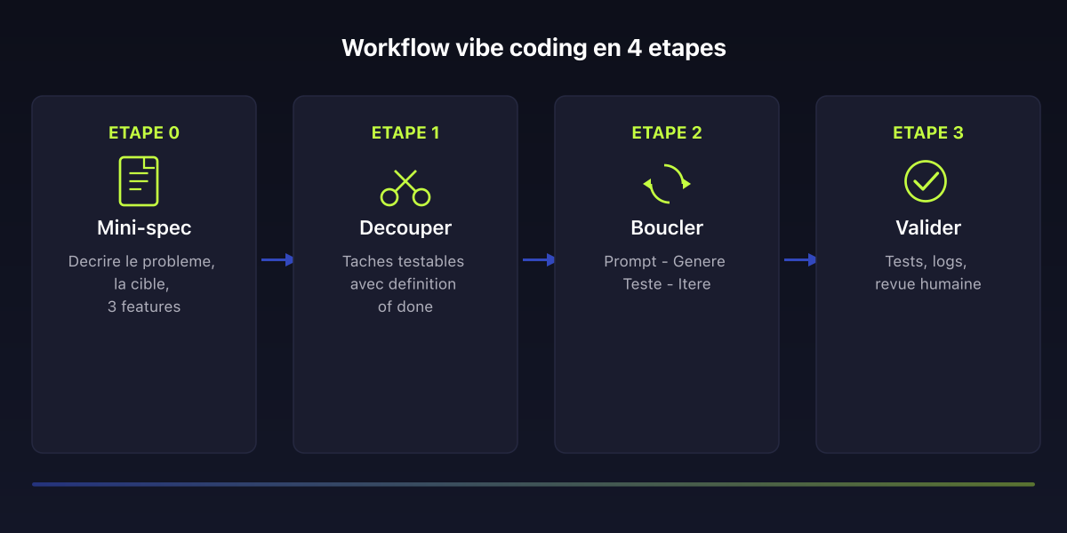 Workflow vibe coding en 4 étapes pour construire un MVP avec l'IA : spécification, découpage, boucle prompt-test, validation